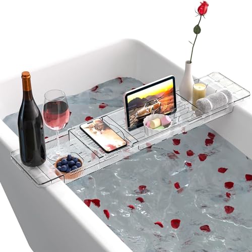 Expandable Bathtub Trays for Tub,Acrylic Bath Shelf Over Tub,with Non-Slip Design iPad Holder for Books Phone，Suitable for Bathtubs with an Internal Width of up to 28 Inch