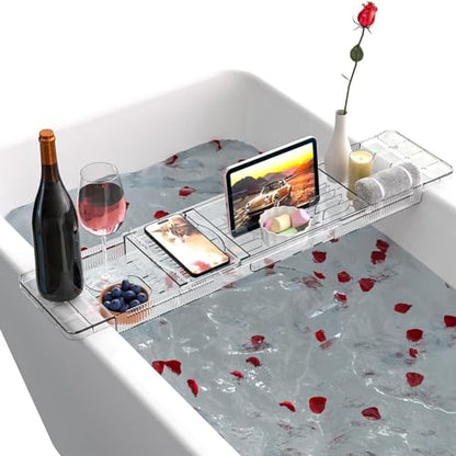 Expandable Bathtub Trays for Tub,Acrylic Bath Shelf Over Tub,with Non-Slip Design iPad Holder for Books Phone，Suitable for Bathtubs with an Internal Width of up to 28 Inch