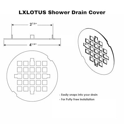 4 ¼” Chrome Snap-in Shower Drain Cover -Solid Brass Construction - 4.25" OD Premium Round Grate Strainer - Easy Install - Professional Grade and Durability - Polished Finish - color: Chrome