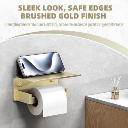 Brushed Gold Toilet Paper Holder with Shelf, 304 Stainless Steel Wall Mount Tissue Roll Holder for Bathroom - color: Brushed Gold, size: Single Rod