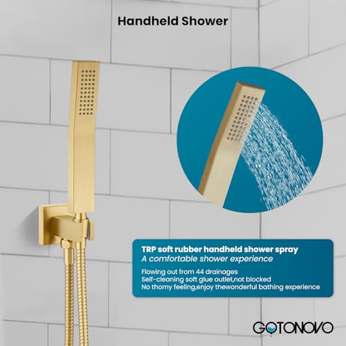 gotonovo Ceiling Shower System with Handheld Brushed Gold,12 inch Head | Ceiling Mount Bathroom Shower Faucet Set,SUS304 Rainfall Head and Handle Set Combo,Brass Valve Trim Kit,All Metal - color: Gold, size: 12 inch Head