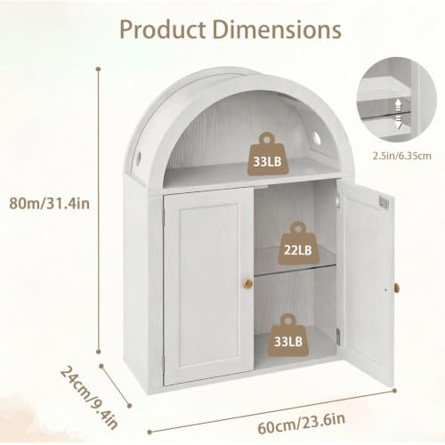 Bathroom Wall Cabinet with LED Light, Over The Toilet Storage Cabinet, Arched Bathroom Cabinet Wall Mount with 2 Doors & Adjustable Shelves, Above Bathroom Sink Cabinet for Laundry Kitchen (White) - color: White
