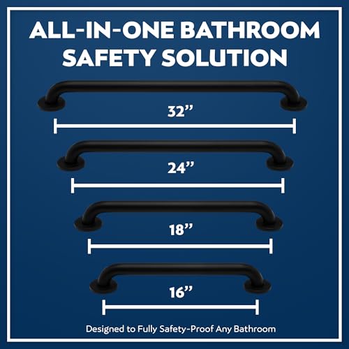 4-Pack Starter Bundle, 500 lb, 16/18/24/32 in, Matte Black | Complete Bathroom Safety Starter Bundle, For Seniors, 1.25 in Diameter, 500 lb Rated, All-in-One Shower Safety Solution - color: Matte Black