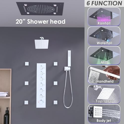 Enga Luxury Dual Shower Head System with Body Jets LED Thermostatic Shower System with 6 inch Wall Shower, 20-Inch 3 Function Shower Head (Rainfall & Mist & Waterfall), Chrome - color: Chrome, style: 20" Head (Rain + Mist+Waterfall) - 6" Head+Jets