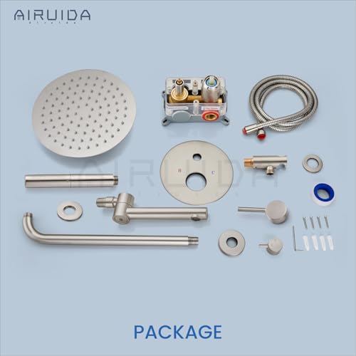 Airuida 3-Function Shower System with Tub Spout – Round Rainfall Shower Faucet Combo,Handheld Spray with 2 Functions,Includes Rough-In Valve with 360° Rotating Drain,10 Inch Shower Head,Brushed Nickel - color: Brushed Nickel, size: 10 Inch