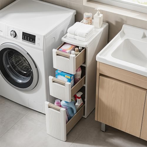 Byroce 3-Tier Narrow Storage Cabinet with Wheels, Slim Rolling Plastic Drawer Organizer with Removable Dividers, Skinny Storage Cart for Small Spaces, Bathroom & Kitchen (1PC, 3-Drawer), Beige - size: 3-Drawer