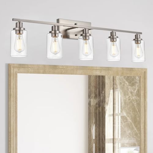 MELUCEE 5-Light Bathroom Vanity Light Brushed Nickel with Clear Glass Shade | Wall Sconce Modern Light Fixtures Wall Mount for Porch Bedroom Hallway Kitchen (Patent No.: US D963914 S) 40 Inches - color: Brushed Nickel, size: 5-Light