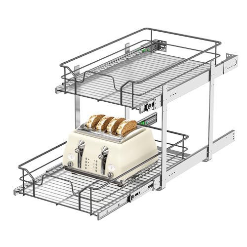 2-Tier Pull Out Cabinet Organizer (14" W x 22" D) | Soft Close Cabinet Slide Out Shelves, Heavy Duty Slide Out Drawers with Shelf Liner for Kitchen Cabinets, Pantry, Bathroom - size: 14"W x 22''D