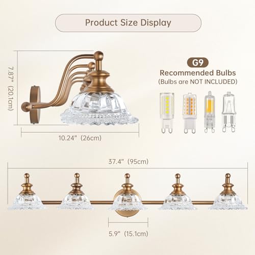 XIEDUN 37.4" Bathroom Light Fixtures 5 Lights Vanity Lighting Fixtures (Exclude G9 Bulb) Vanity Lights for Bathroom - color: Brass, size: 5 Light A