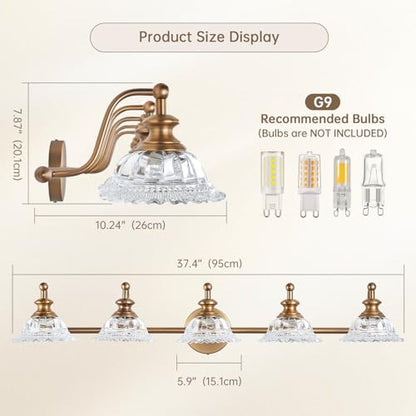 XIEDUN 37.4" Bathroom Light Fixtures 5 Lights Vanity Lighting Fixtures (Exclude G9 Bulb) Vanity Lights for Bathroom - color: Brass, size: 5 Light A