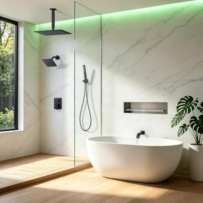 Rain Shower System with Rough-in Valve, Ceiling Mount Shower Faucet Set with 12" & 6" Dual Rain Shower Heads, 2-in-1 Handheld Shower, Tub Spout, 4-Function Complete Shower Fixture, Matte Black - color: Matte Black, size: Ceiling Mount-12"+6" head with Tub