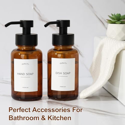 Amber Foam Soap Dispenser, 14.1 oz/400ml Foaming Hand Soap Dispenser, 2 Pack Glass Foaming Dispenser for Bathroom & Kitchen, Refillable Liquid Dispenser Bottle with Waterproof Labels - color: Amber Bottle+black Pump