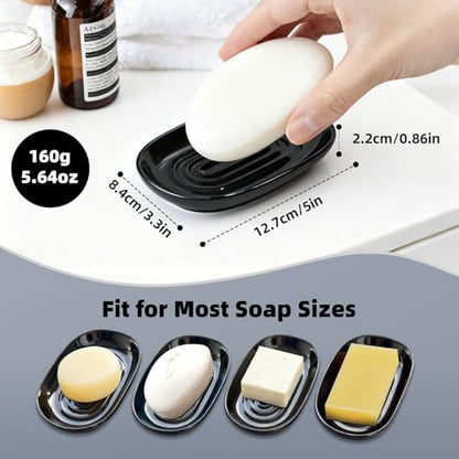 Ceramic Soap Dish for Bath Sink- Modern Black Bar Soap Holder for Shower - Easy to Clean Multi-Purpose Oval Soap Dishes for Soap Bar, Sponges, Jewelry, Small Items | Fits Bathroom & Kitchen - color: Black- Smooth Glossy