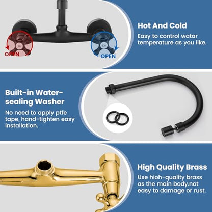 Airuida Matte Black Wall Mounted Kitchen Faucet,Utility Sink Faucet | 8 Inch Adjustable Center,360° Swivel Spout,Wall Mount Commercial Faucet,Double Cross Handle - color: Matte Black