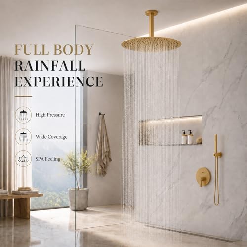 Gold Rain Shower Head, 16 Inch High Pressure Shower Head, 304 Stainless Steel Ceiling Mount Extra Large Waterfall Top Showerhead, Brushed Brass Gold - color: Brushed Brass Gold, size: 16-Inches, style: Round