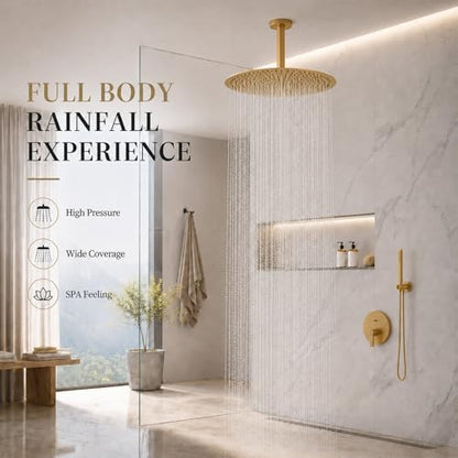 Gold Rain Shower Head, 16 Inch High Pressure Shower Head, 304 Stainless Steel Ceiling Mount Extra Large Waterfall Top Showerhead, Brushed Brass Gold - color: Brushed Brass Gold, size: 16-Inches, style: Round