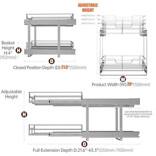 2-Tier Cabinet Pull Out Shelves, 20" W x 22" D, Chrome | Heavy-Gauge Wire Kitchen Cabinet Organizer, 100 lbs Capacity, Ball-Bearing Glides, Min 21" Opening, Pots & Pans Organizer - size: 20 x 22 Inch