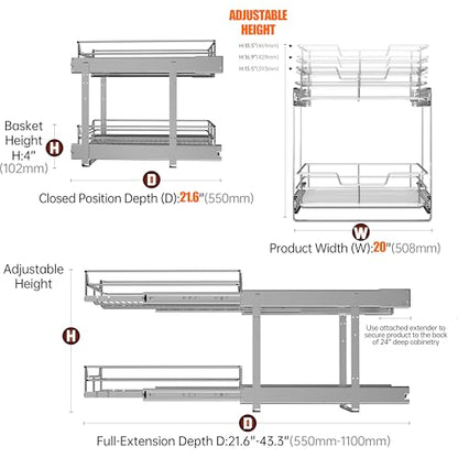 2-Tier Cabinet Pull Out Shelves, 20" W x 22" D, Chrome | Heavy-Gauge Wire Kitchen Cabinet Organizer, 100 lbs Capacity, Ball-Bearing Glides, Min 21" Opening, Pots & Pans Organizer - size: 20 x 22 Inch