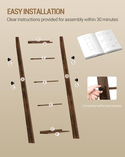 Hzuaneri Blanket Ladder, Decorative Quilt Rack with 4 Removable Hooks | 5-Tier Blanket Ladder Shelf for Bedroom Living Room, Rustic Brown BR30501X - size: 5.6"D x 17"W x 62.5"H