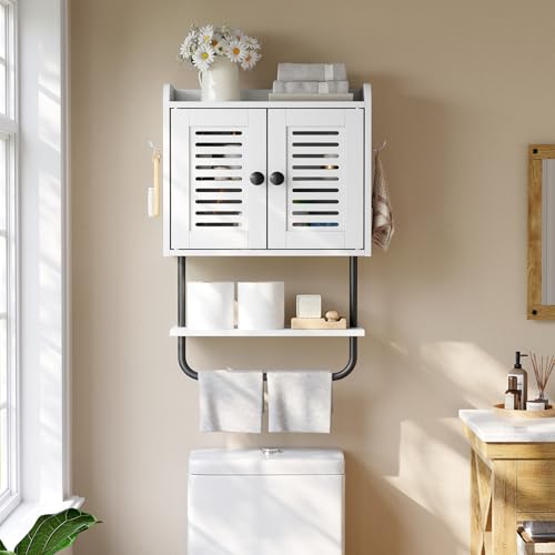 HOOBRO Medicine Cabinet, Double Doors Bathroom Wall Cabinet with Towel Bar, Adjustable Shelf, 2 Hooks, Over The Toilet Storage Cabinet, for Bedroom, Kitchen, White BW46CW01 - color: White + Black