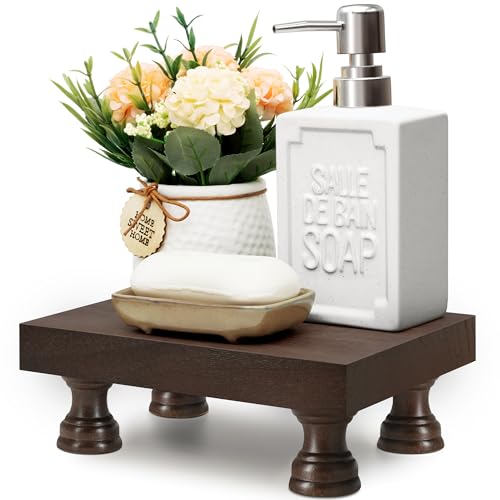 EOSAHR Wood Riser & Display Stand for Bathroom Counter Organizer, Brown | 8.5" Farmhouse Riser, Bathroom Vanity Decor, Soap & Perfume Holder, Non-Slip Design, Style Home Improvement - color: Brown - Paulownia Wood