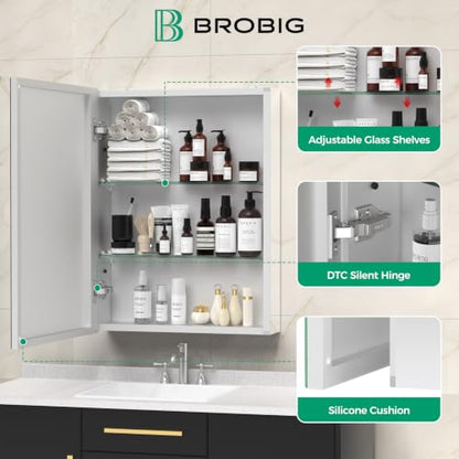 24 x 32 Aluminum Medicine Cabinet Mirror, Moisture & Rust Resistant Bathroom Wall Cabinet with Mirror, Recessed or Surface Mount with Adjustable Shelves, Tempered Glass & Soft Close Hinges - size: 32"L x 24"W