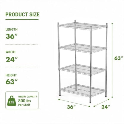 APLSS NSF 4-Tier Chrome Storage Shelves, 24"x36"x63", Dry Environments, Commercial Heavy Duty Steel Wire Shelving Unit, 800lbs Per Shelf, Kitchen Garage - color: Chrome, size: 24"x36"x63"