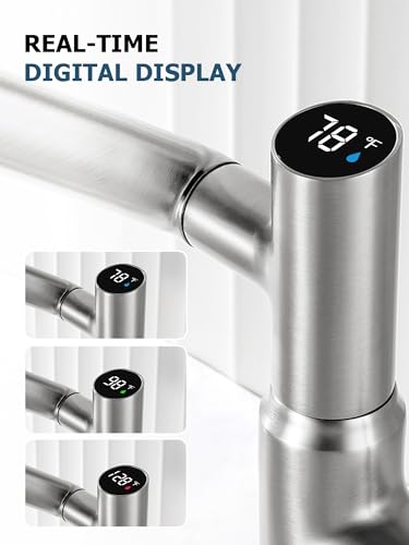 Rotatable Bathroom Faucet with Temperature Display in Fahrenheit (Batteries-Free), 3 Water Outlet Modes, Brushed Nickel - color: Silver