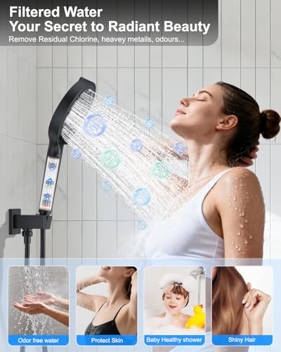 KOJOX Matte Black Dual Shower Head System – 11" Ceiling Rainfall + 6" Wall Mount Heads, 6-Mode Handheld Spray, Push-Button Diverter Faucet Set - color: Matte Black, size: 6''+11''