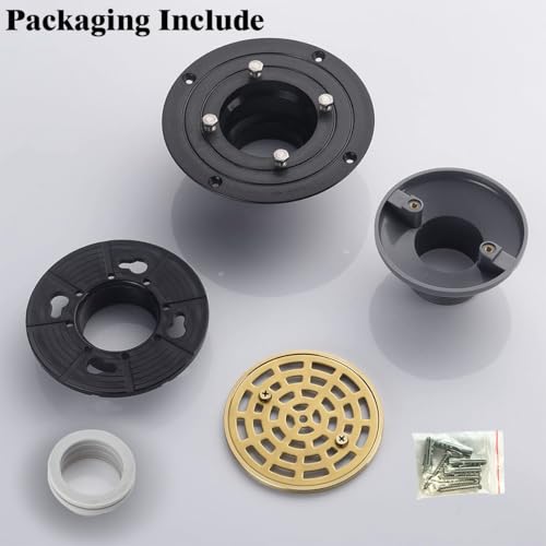 RANDOM Round Shower Drain SUS304 Stainless Steel Brushed Gold Shower Drain 4 inch with Adjustable PVC Base Flange,Shower Floor Drain with Removable Cover Grid Grate - color: A-brushed Gold-4″ Round With Base Flange