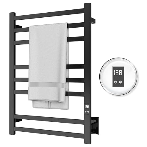 Heated Towel Rack, 8-Bar Wall Mount, Matte Black Stainless Steel | 304 stainless steel, 115-155°F adjustable, 1-24H auto shut-off timer, plug-in or hardwired, 160W, fits bath towels and robes - color: Matte Black