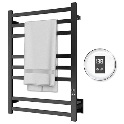 Heated Towel Rack, 8-Bar Wall Mount, Matte Black Stainless Steel | 304 stainless steel, 115-155°F adjustable, 1-24H auto shut-off timer, plug-in or hardwired, 160W, fits bath towels and robes - color: Matte Black