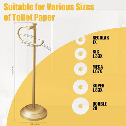 Toilet Paper Holder Floor Stand, Bathroom Freestanding Gold | Toilet Tissue Roll Holder, Free Standing Rack with Storage, Weighted Base Accessories, SUS304 Stainless Steel Rustproof - color: Gold
