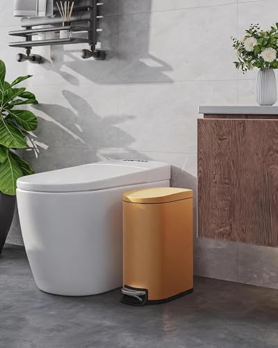 IDEALHOUSE 2.6 Gallon/10L Small Bathroom Trash Can with Lid,Yellow | Slim Stainless Steel Garbage Can, Narrow Step-on Metal Trash Bin with Removable Inner Bucket, Soft Close - color: Yellow