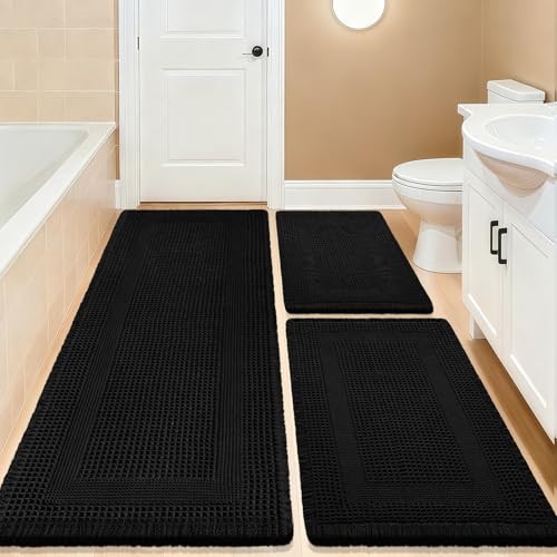 Upgrade Waffle Bath Mat Set 3 Piece, Boho Bathroom Rugs Absorbent Non Slip, Ultra Soft Bathroom Mat, Machine Washable Knit Bath Rugs with Tassels for Bathroom, Bedroom, Kitchen, Shower, Tub, Black - color: Black-looped, size: 48" x 24" + 36" x 24" + 24" x