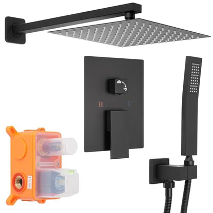 Matte Black Square Shower Head with Handheld Set, Rainfall Shower System Modern Wall Mounted Shower Faucet for Bathroom 10 inch (With Shower Valve) - color: Matte Black, style: 2 Setting-10in