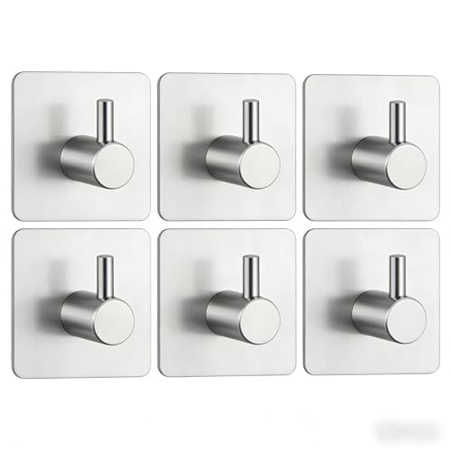 6-Pack Heavy Duty Waterproof Stainless Steel Robe and Towel Hooks - Easy to Install Wall Mounted Stylish Hook Set with Polished Finish for Bathroom and Bedroom Organization