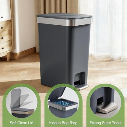 Bathroom Trash Can with Lid, 2.6 Gallon /10 Liter Small Garbage Can, Press Top Bin & Step Metal Pedal Trash Bin Plastic Wastebasket for Bedroom, Office, Kitchen, Dorm (Black Gray) - color: Dark Gray-1 Pack