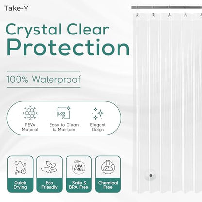 Clear Shower Curtain Liner, Premium PEVA, 72"x72", Waterproof with Rustproof Grommets, Weighted, Quick Dry, Modern Style, 12 Hooks Included, Lightweight Standard Size,Odorless Plastic