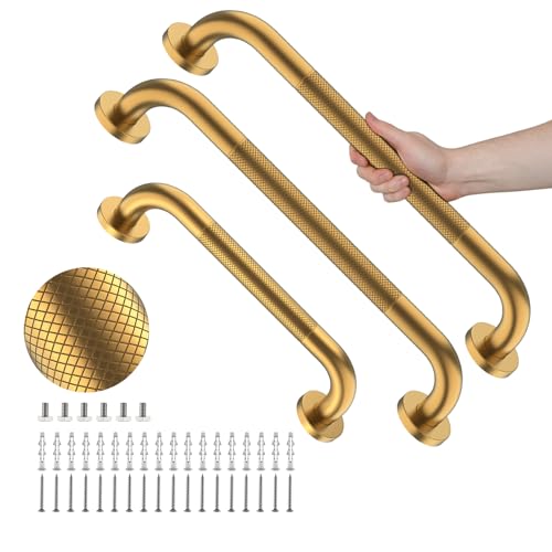 Munzong 3 Pack Anti Slip Safety Grab Bar Commercial, 12" 16" 16" Gold | Bathroom Grab Bar Shower Balance Bar Handicap Stainless Steel Hand Rail for Elderly Injury Senior Assist Bath Handle - color: Gold, size: 12",16",16"
