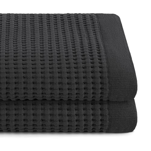 GILDEN TREE Waffle Towels for Bathroom Luxury 100% Cotton Bath Towels, Quick Dry Towel, Thin Super Absorbent Lint Free Shower Towels, Bath Towels Set of 2, Modern Style (Faded Black) - color: Faded Black, size: Bath Towel (32" x 62") 2 Pack