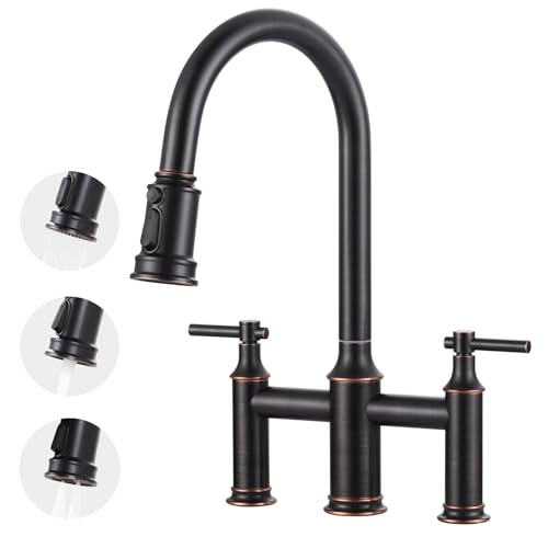 Bridge Faucet Oil Rubbed Bronze: Brass Two Handles Bridge Kitchen Faucet with Pull Down Sprayer - 3 Hole 8 Inch Centerset Kitchen Sink Faucet for Farmhouse RV Laundry, 360° Swivel Spout - color: Oil Rubbed Bronze