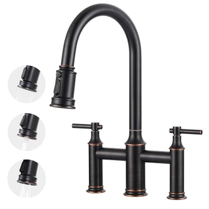 Bridge Faucet Oil Rubbed Bronze: Brass Two Handles Bridge Kitchen Faucet with Pull Down Sprayer - 3 Hole 8 Inch Centerset Kitchen Sink Faucet for Farmhouse RV Laundry, 360° Swivel Spout - color: Oil Rubbed Bronze