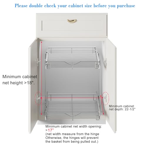DINDON 2 Tier Pull Out Cabinet Organizer (17" W X 21" D), Double Tier Wire Basket Slide Out Shelf Storage for Kitchen Base Cabinet, Chrome Finish - size: 17" W X 21" D