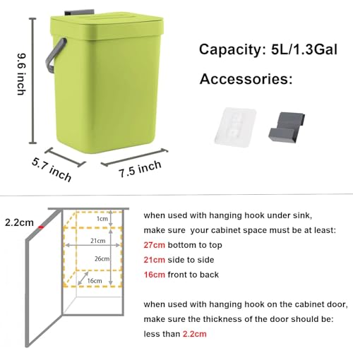 LALASTAR Small Plastic Trash Can, Hanging Small Trash Can with Lid Under Sink for Kitchen, Food Waste Bin for Countertop, Mountable Garbage Can for Bathroom, RV, 5L/1.3 Gal, Green - color: Green