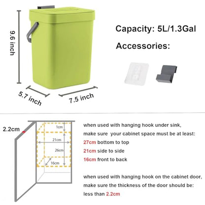 LALASTAR Small Plastic Trash Can, Hanging Small Trash Can with Lid Under Sink for Kitchen, Food Waste Bin for Countertop, Mountable Garbage Can for Bathroom, RV, 5L/1.3 Gal, Green - color: Green