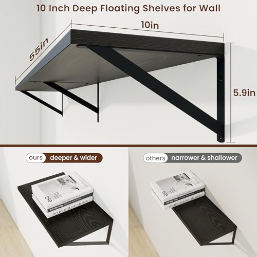 Deep Floating Shelves, 55'' x 10'' Black Wall Shelves Set of 2 | 10 Inch Deep Shelves with Heavy Duty Brackets, Rustic Wood Shelves for Bathroom Living Room, Engineered Wood, 55LBS - color: Black, size: 55W x 10D