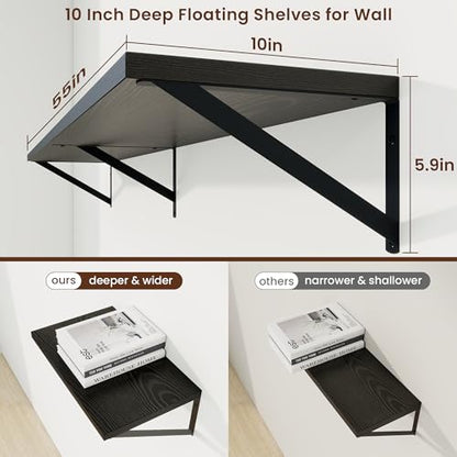 Deep Floating Shelves, 55'' x 10'' Black Wall Shelves Set of 2 | 10 Inch Deep Shelves with Heavy Duty Brackets, Rustic Wood Shelves for Bathroom Living Room, Engineered Wood, 55LBS - color: Black, size: 55W x 10D