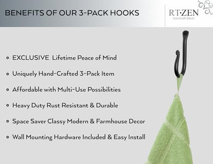 Wall Mount Hook Set - Wrought Iron Decorative Rustic Metal Coat Hooks for Hanging - Handcrafted Classic Farmhouse Wall Mounted Black Hooks for Towel Robe or Hat Hanging - 3 Pack - style: J-Hook Classic