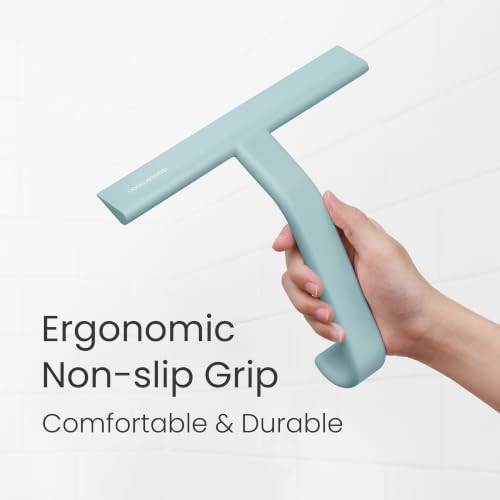 JustHang Shower Squeegee with Built-in Hook, 10-Inch Slate Blue | Award-Winning Design, All-One-Piece Soft-Touch Silicone, for Glass Door, Bathroom, Window, Mirror, Tile Wall, Car - color: Slate Blue